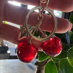 Red Cherry Keychain with Gold Accents